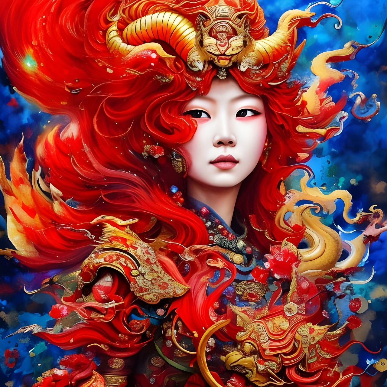 Red Chinese Mythological Lion in Gouache Illustration