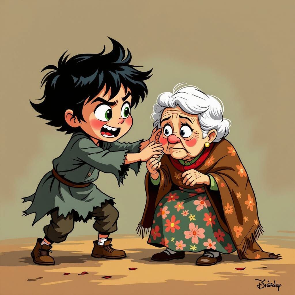 Evil Child Shoves Grandma in Vintage Cartoon Style