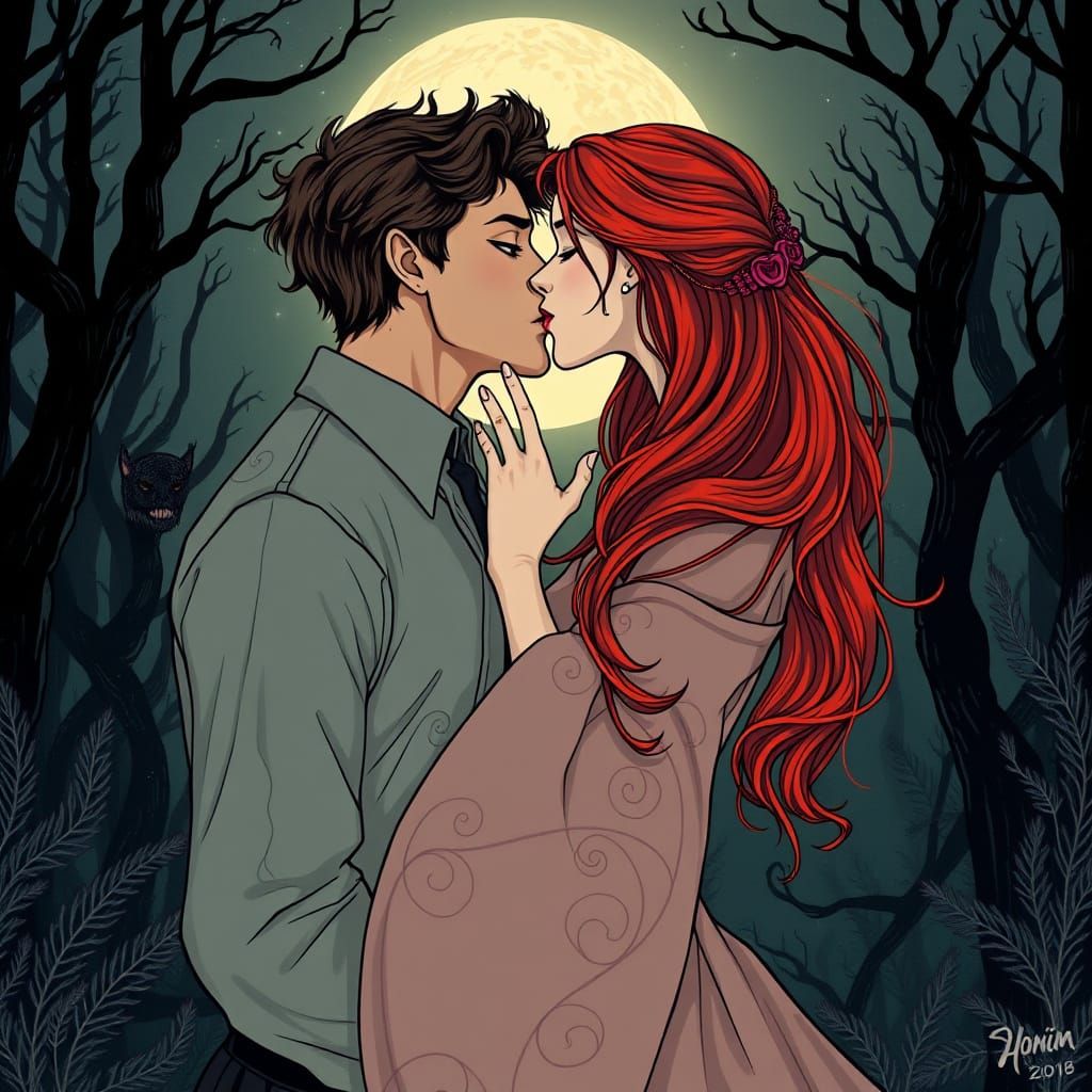 Ethereal Couple Under Full Moon in Whimsical Fantasy Art