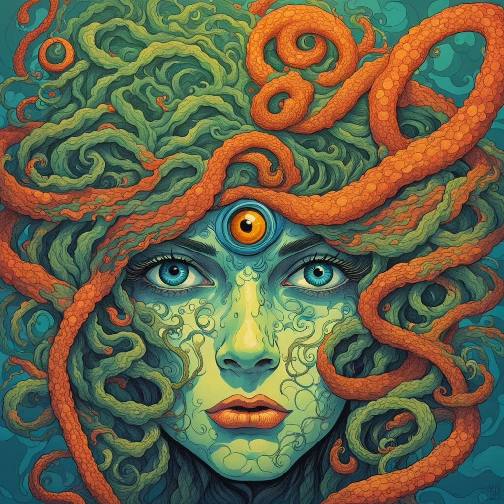 Medusa Cyclops Villain in Miyazaki-Moebius Style