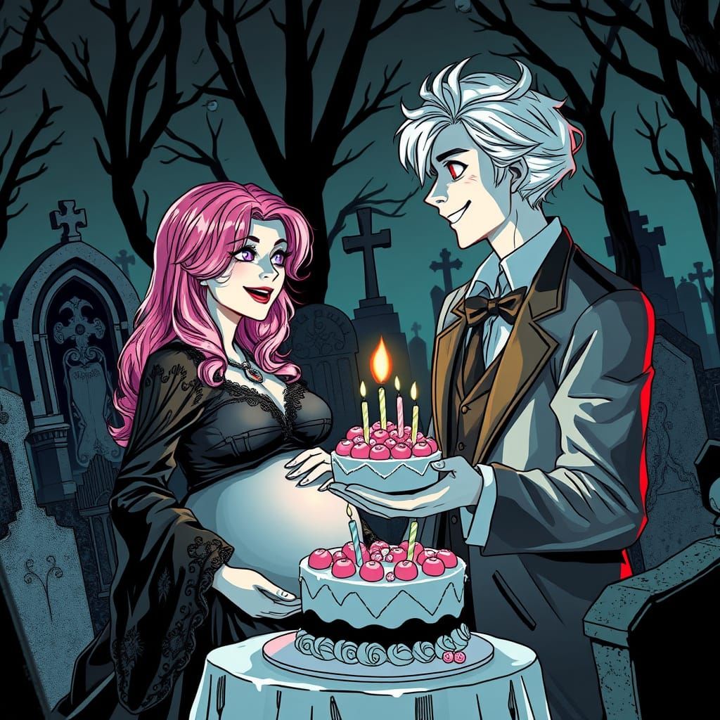 Gothic Couple Enjoy Cake in a Cemetery