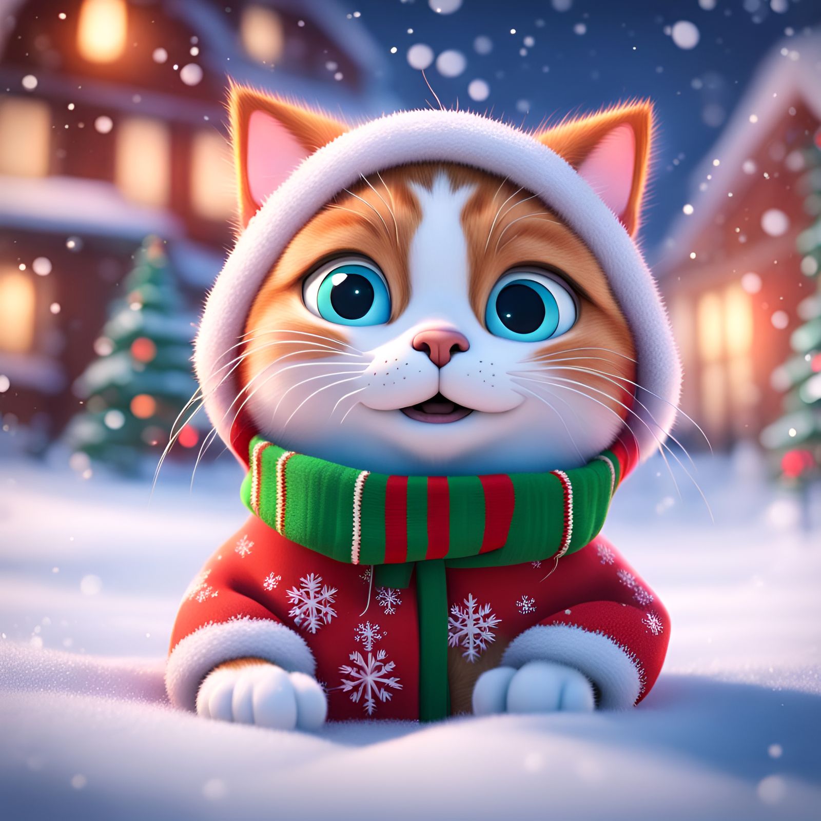 Funny Christmas Cat Playing in Snow: 3D Digital Art