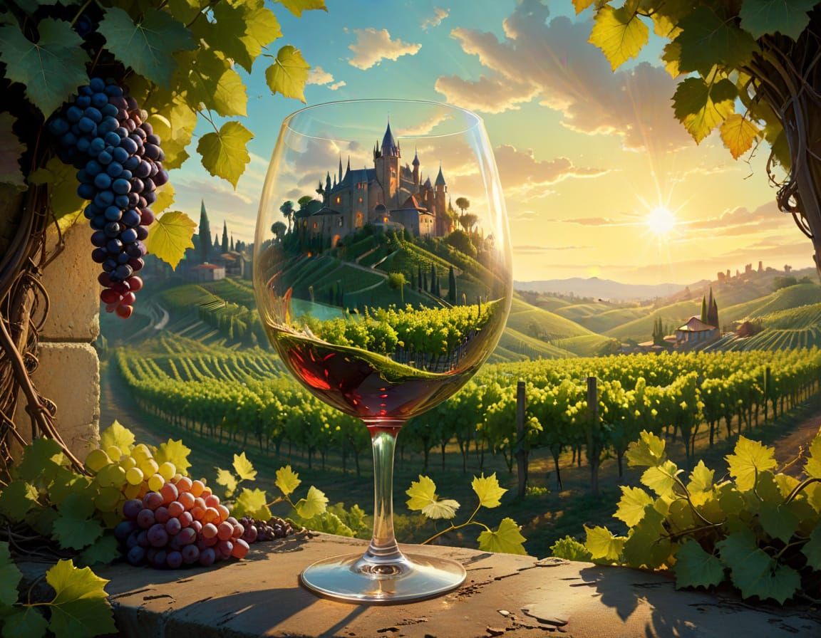 Vibrant Cityscape Amidst a Fantasy Vineyard in Oil Painting