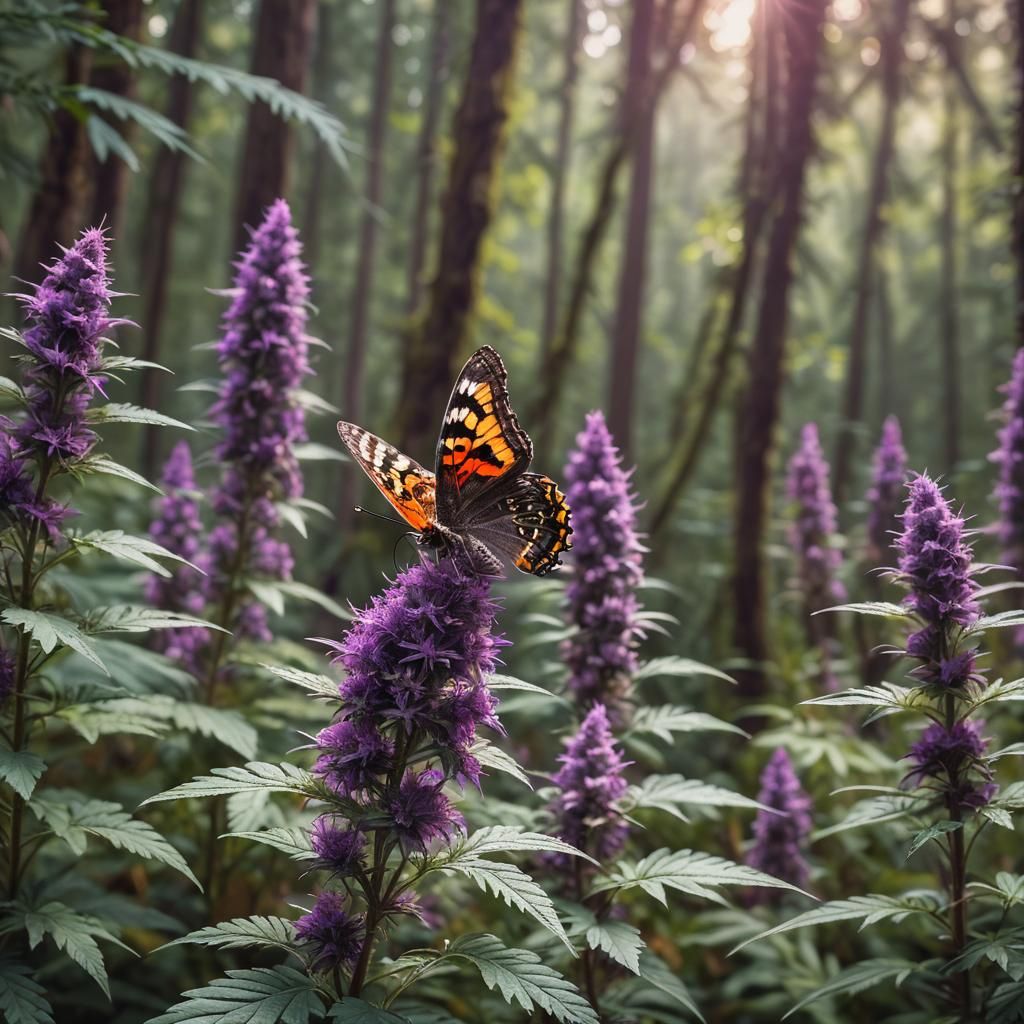 Butterfly on Purple Cannabis Plant Photo