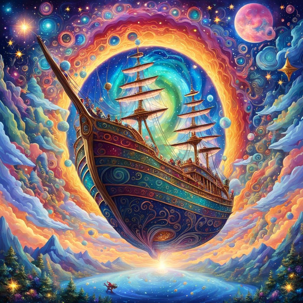 Future Santa Klaus's Cosmic Flying Ship in Ethereal Light