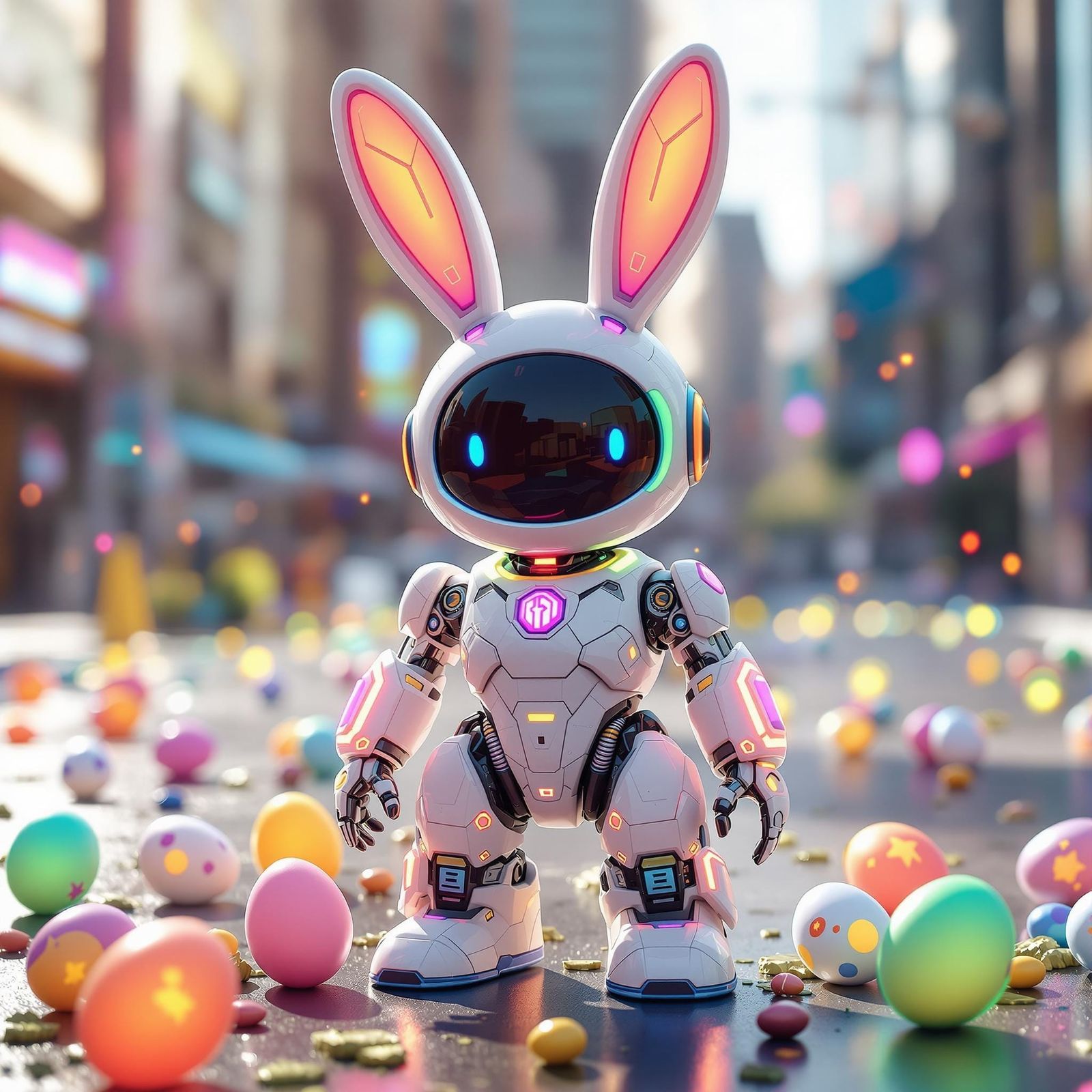 Surreal Futuristic Easter Bunny Robot in Neon Cityscape