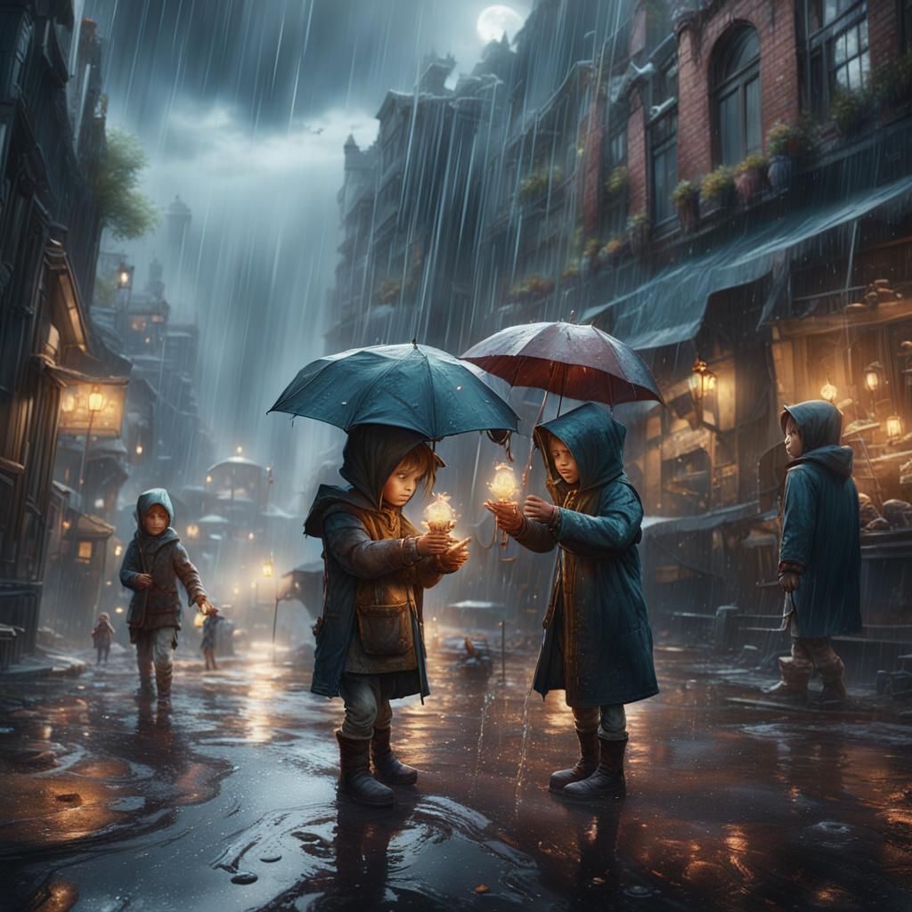 Children Playing in the Rain: Fantasy Concept Art