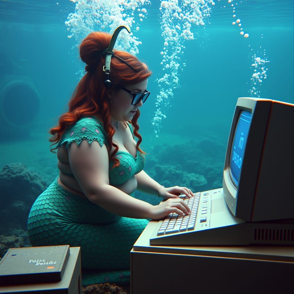 Humorous Overweight Mermaid Working on 1980s Computer