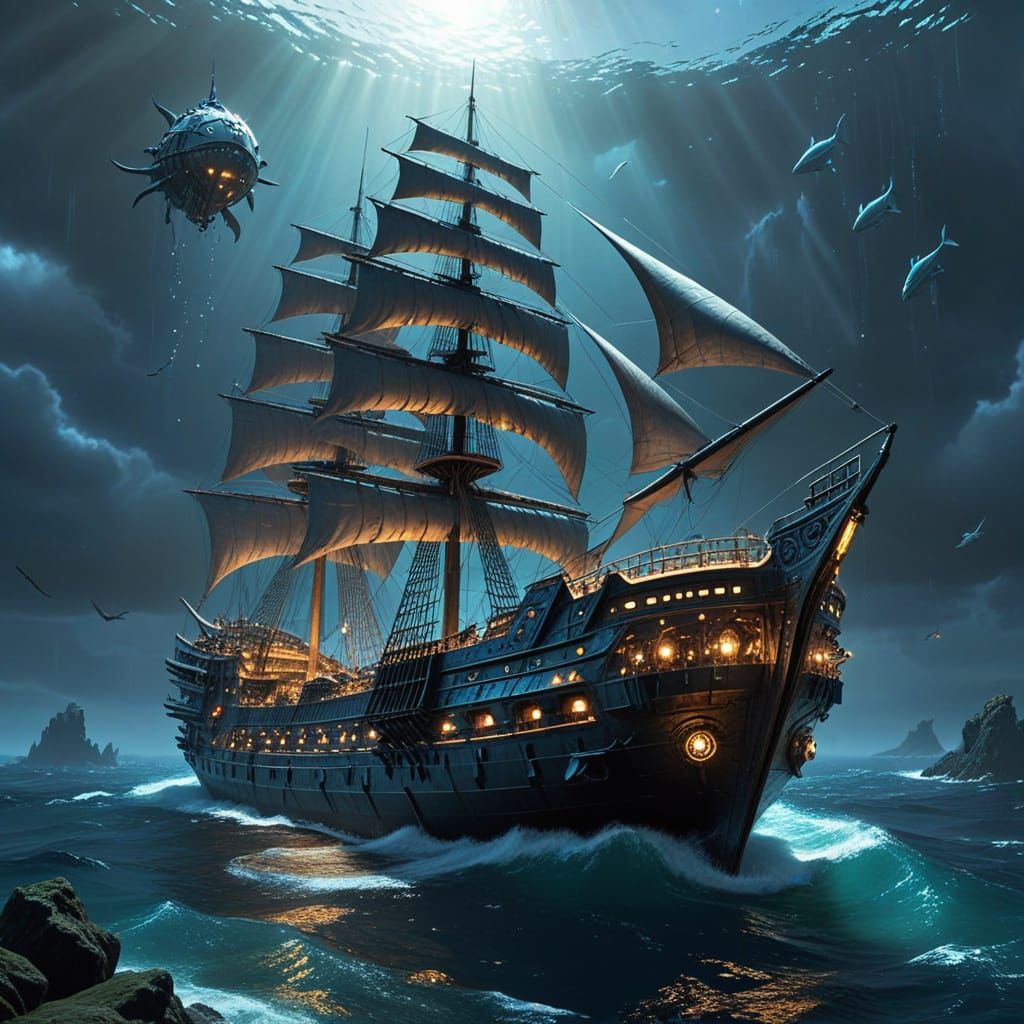 Fantastical Oceanic Vessel in Arcane Punk Style
