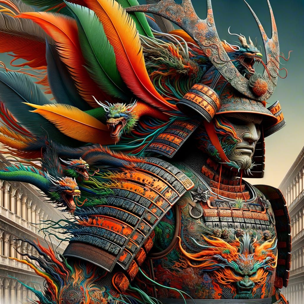Surreal Samurai Emerges from Cityscape in Cyberpunk Style