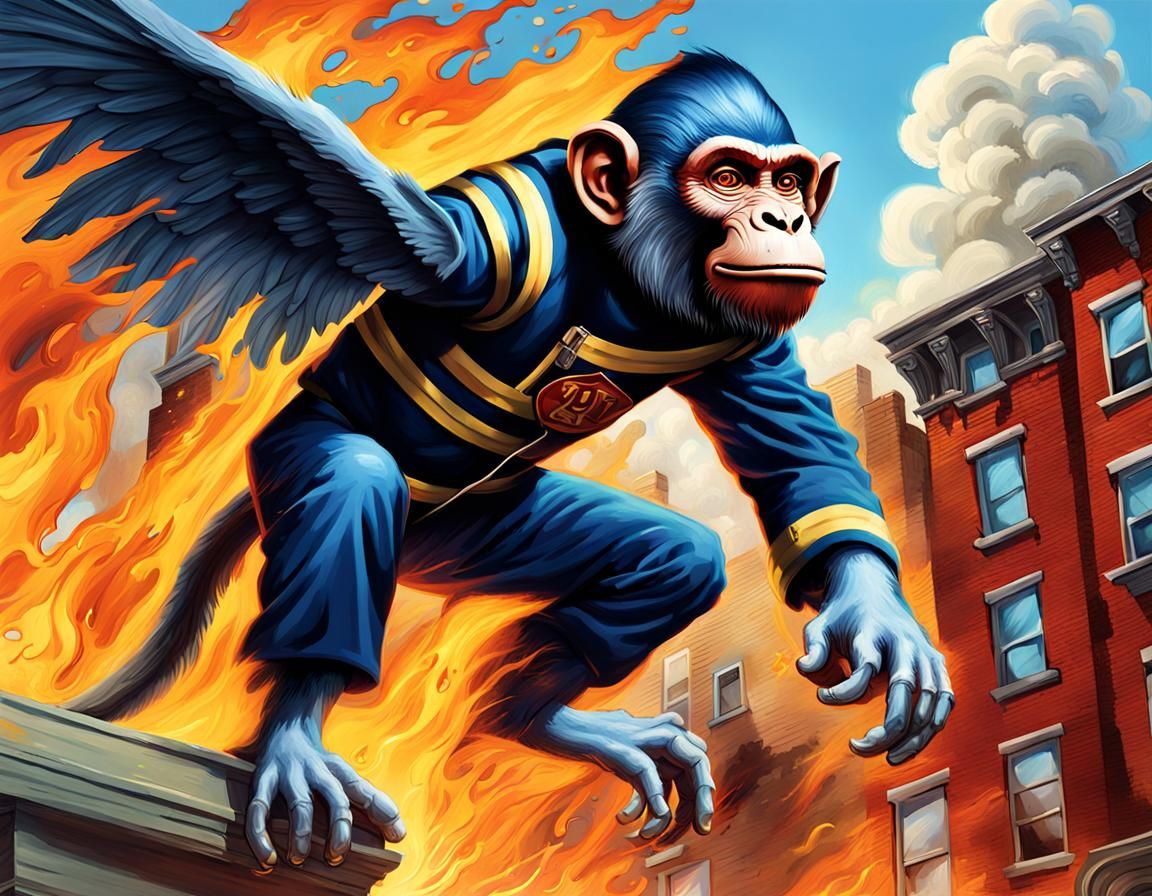 Flying Monkey Firefighter: Hyperrealistic Splash Art