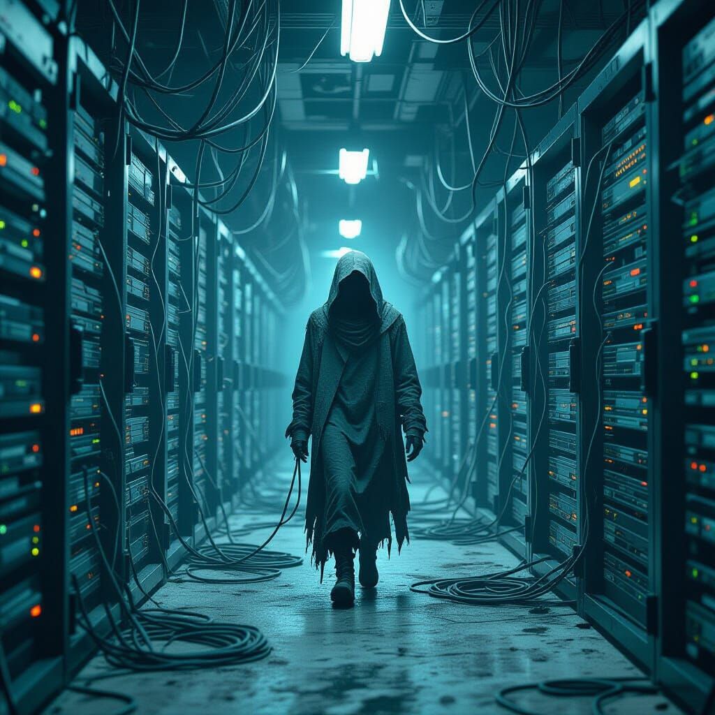 Skeletal Figure in Post-Apocalyptic Server Room