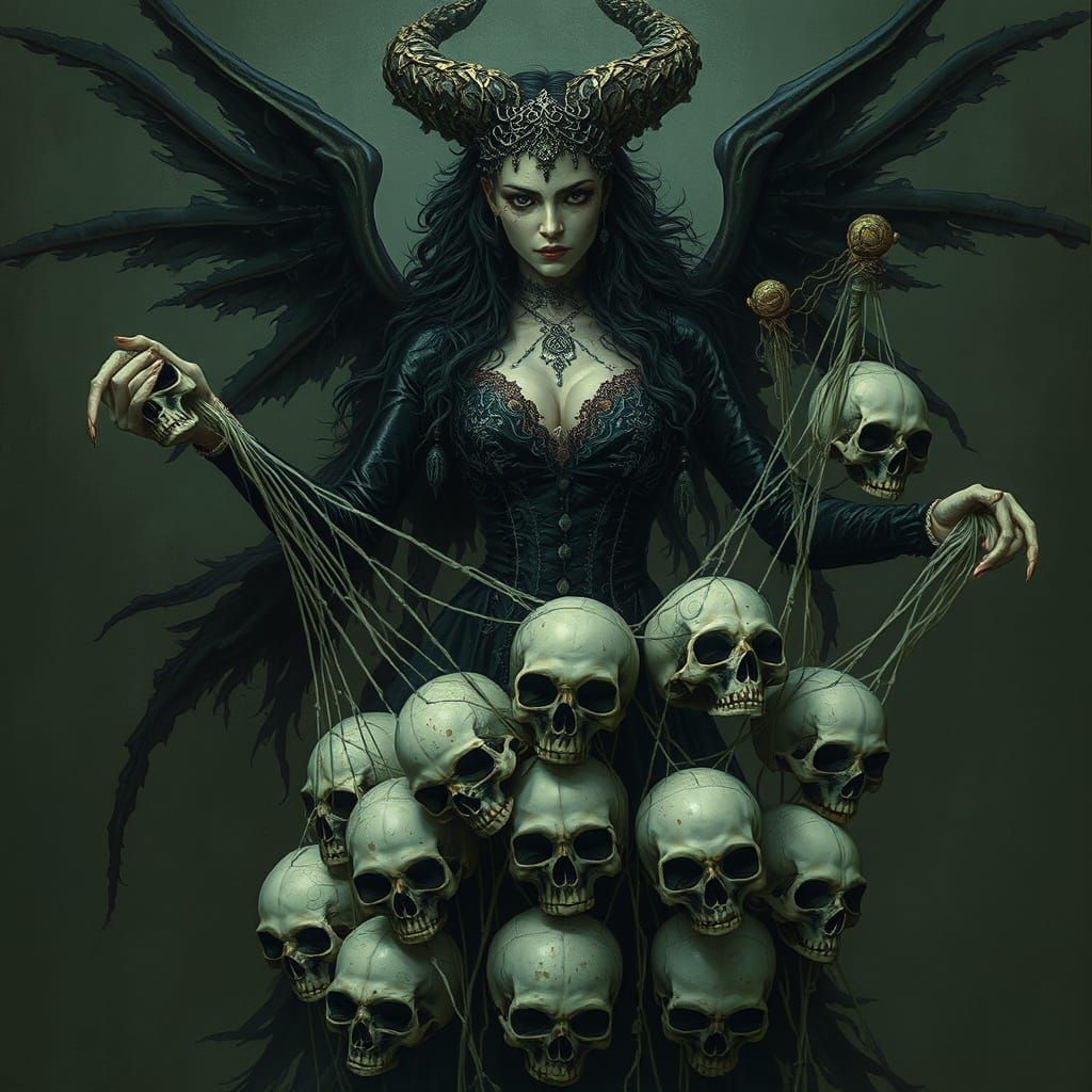 Gothic Enchantress Holding a Net of Skulls in a Dark Aesthet...
