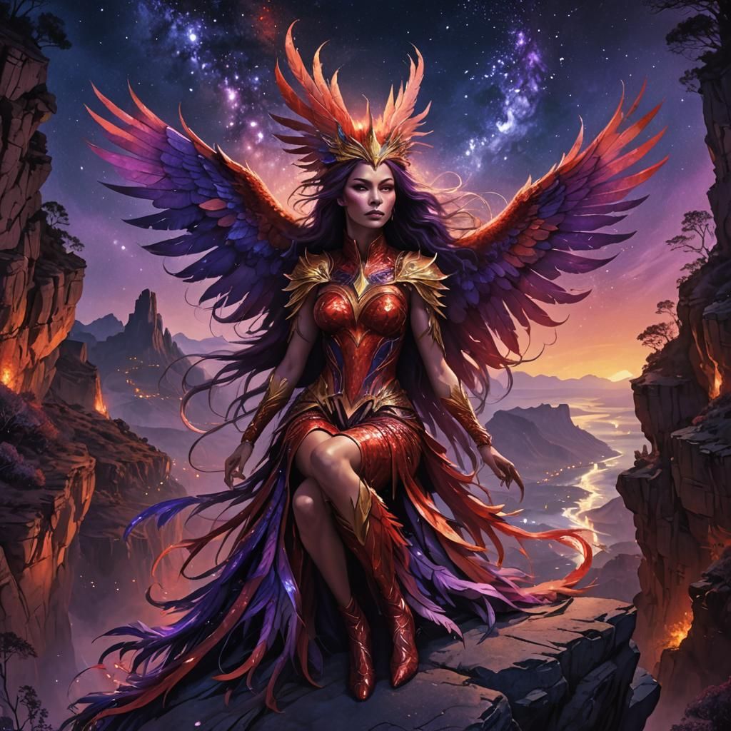 Glitter Phoenix Woman Hybrid Under Stars