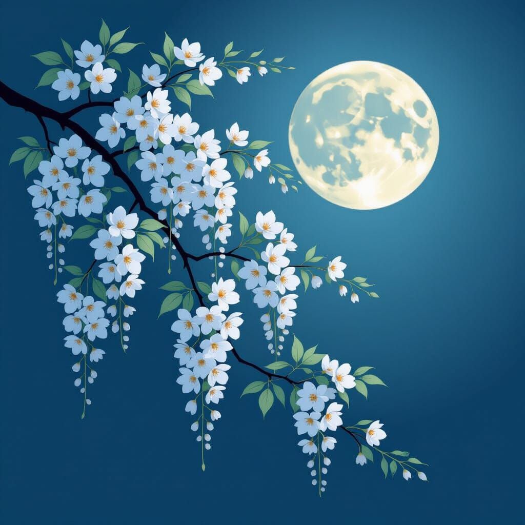 Japanese Minimalist Spring Moon With Wisteria