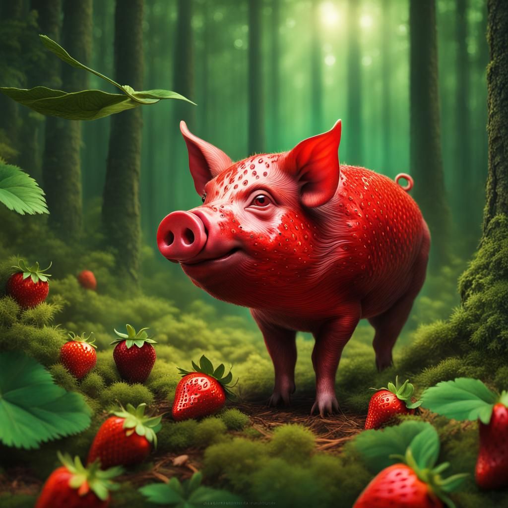 Hyperrealistic Strawberry Pig with Green Ears in Forest