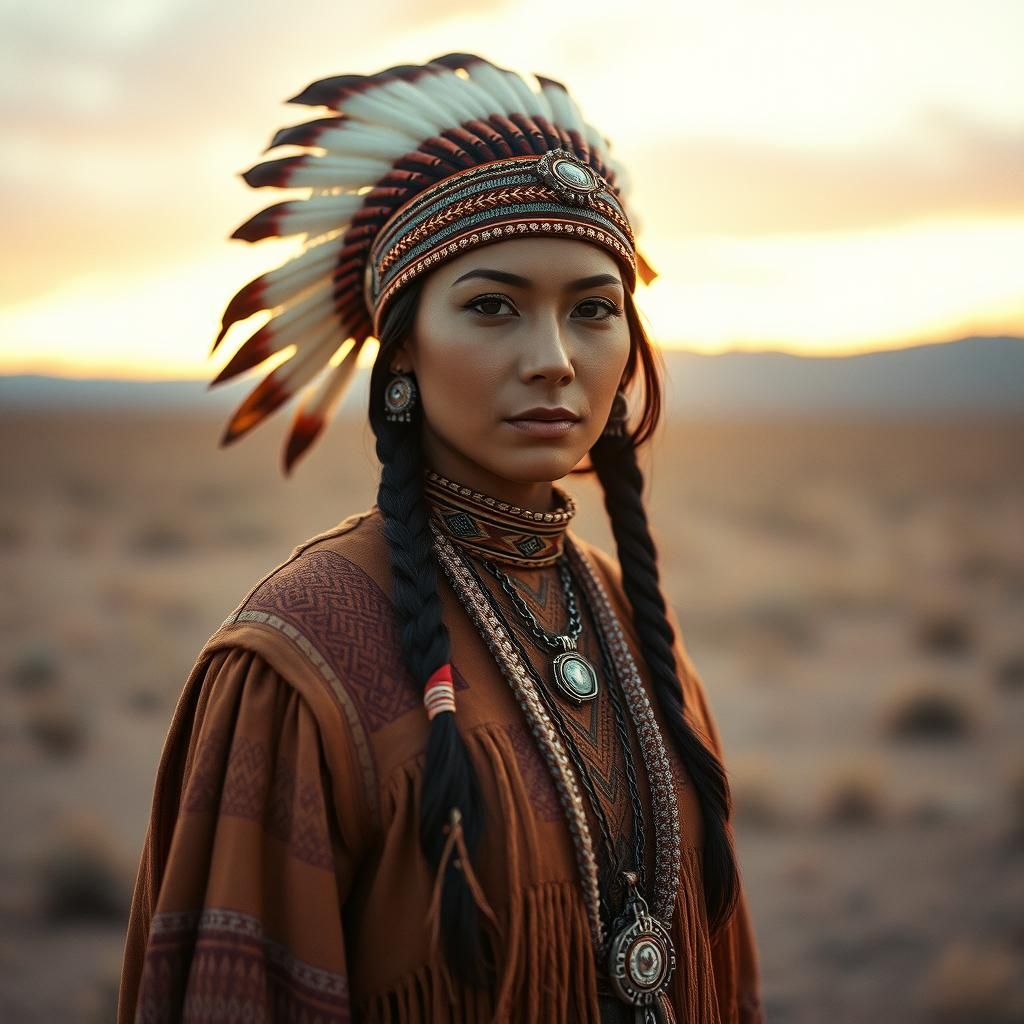Native American Woman in Desert Landscape at Dusk