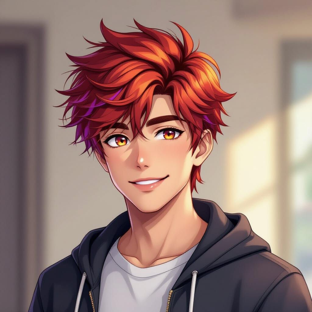 Fiery Haired Young Man With Amber Eyes in Anime Style