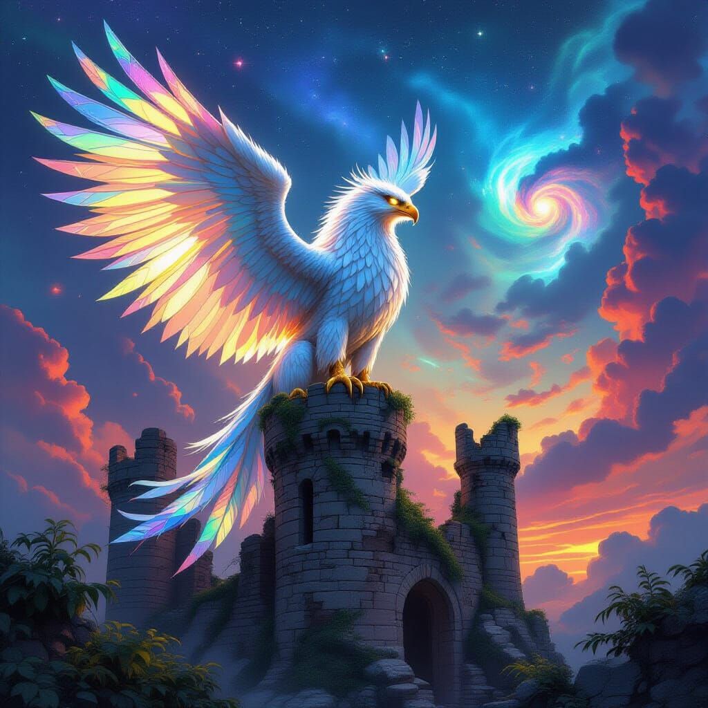 Griffin with Stained Glass Feathers in Fantasy Landscape