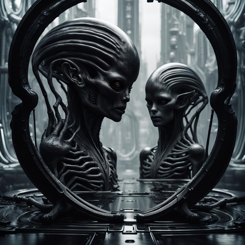 HR Giger-Inspired Dark Portrait with Sci-Fi Elements