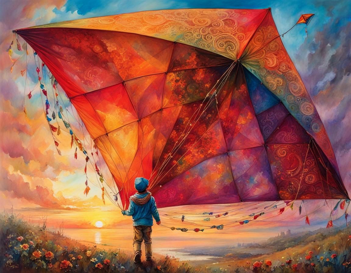 Boy Flying Multicolored Kite at Sunrise