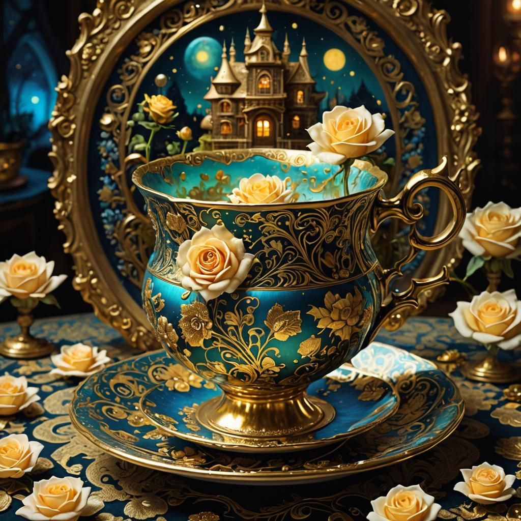 Intricate Teacup with Queen Anne House, Digital Art