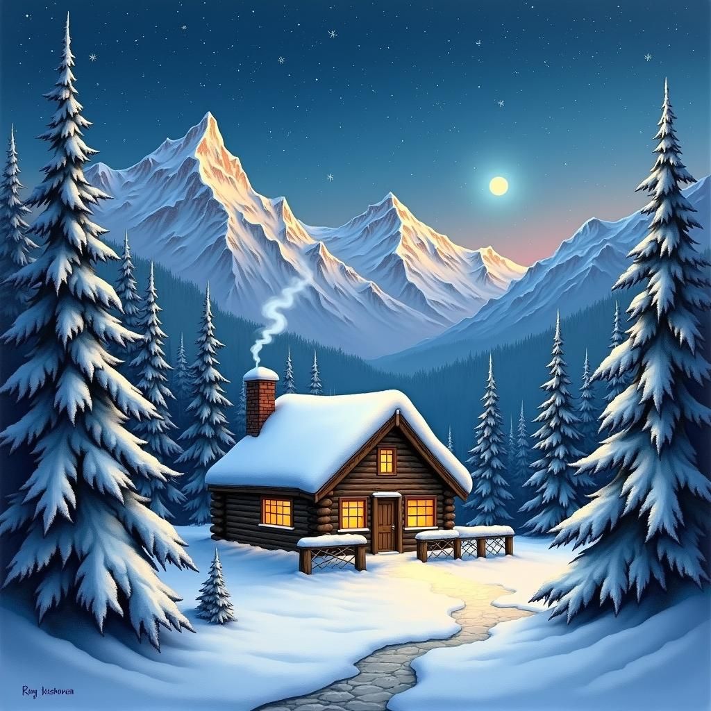 Snowy Cabin in Starry Mountain Landscape