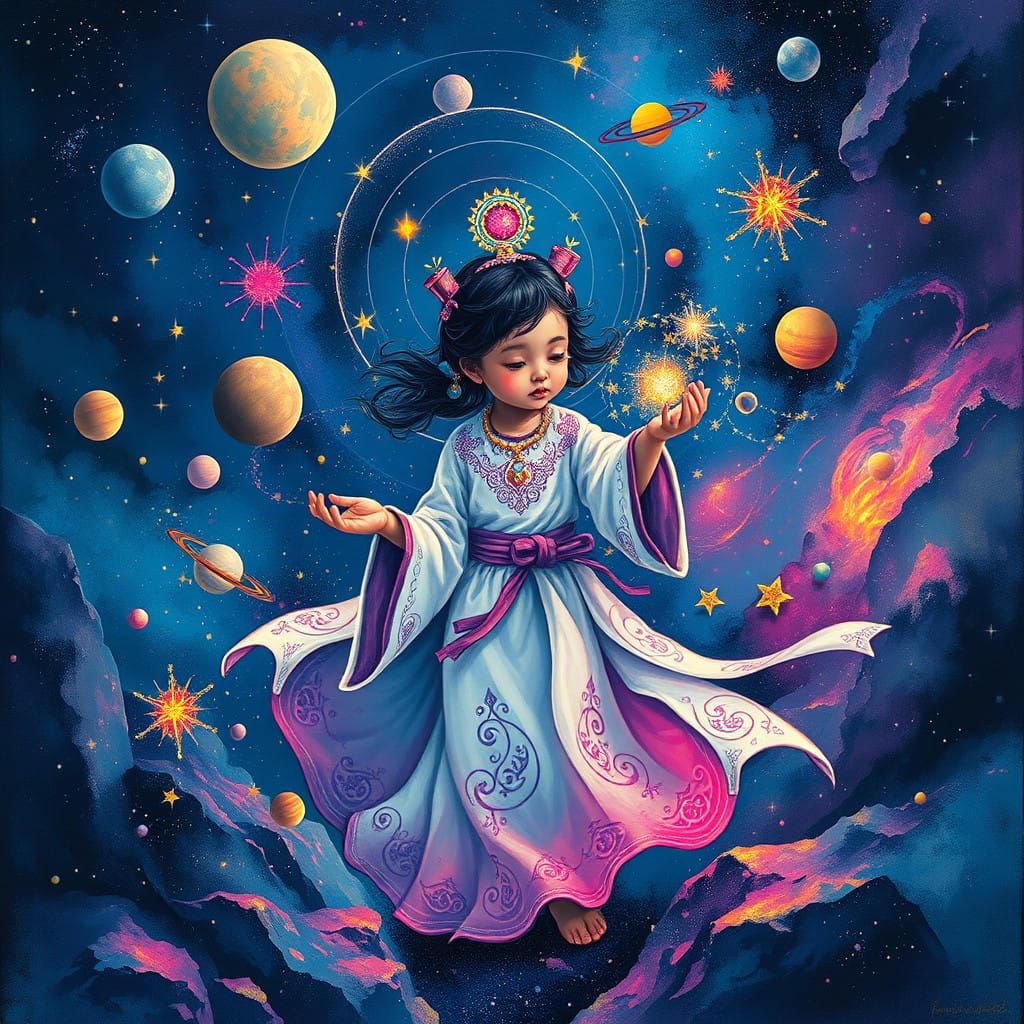 Goddess Weaves Cosmic Magic Amidst Celestial Dance