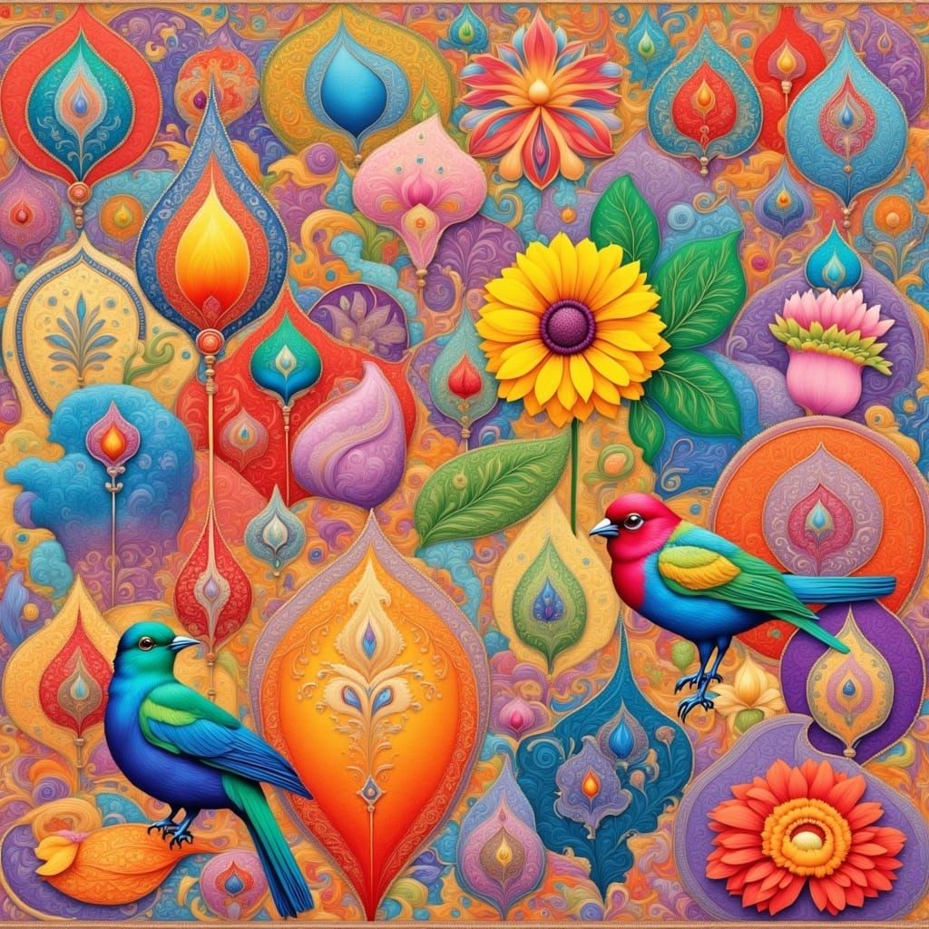 Vibrant Mixed-Media Paisley Pattern Digital Artwork