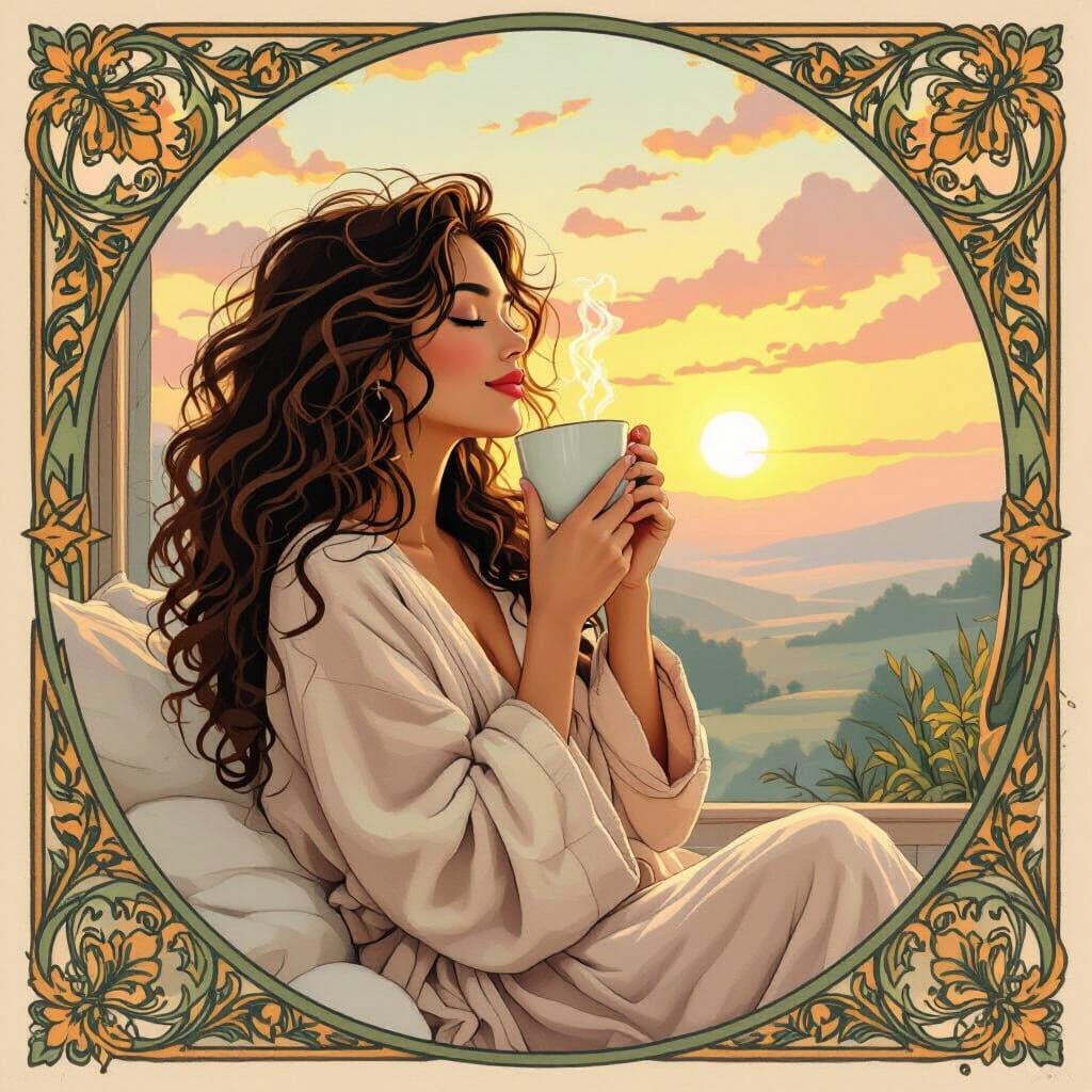 Sunrise Coffee: A Mucha-Inspired Morning Scene