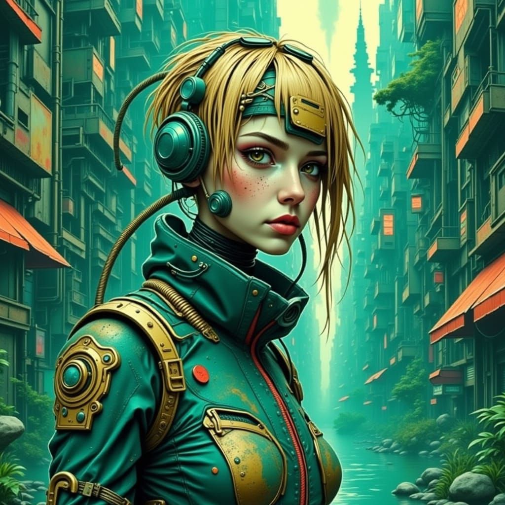 Cyberpunk Girl Exploring a Corroded, Living City