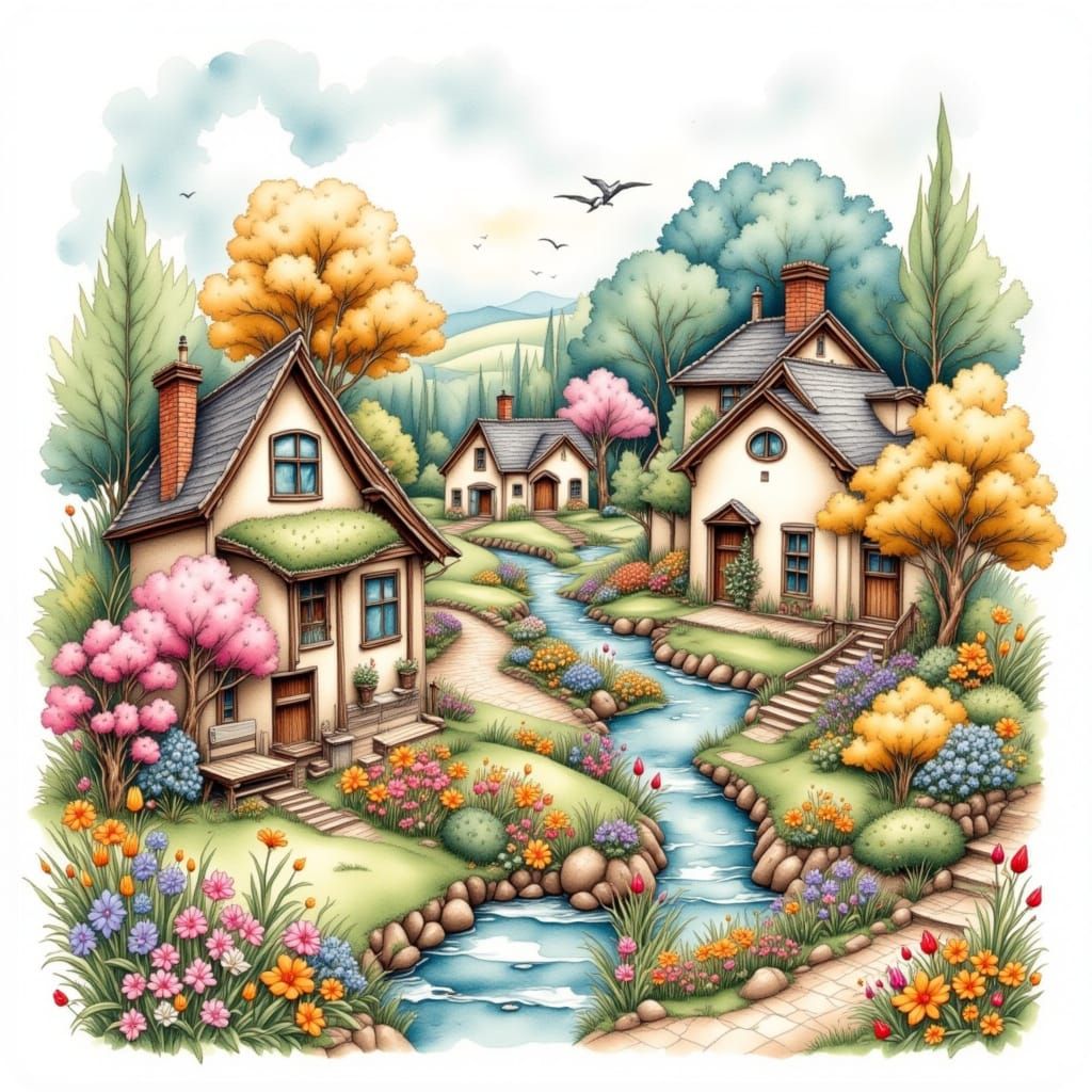 Whimsical Watercolor Village in Antique Style