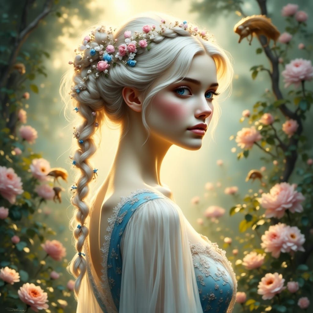 Woman with Braided Hair and Flowers in Forest