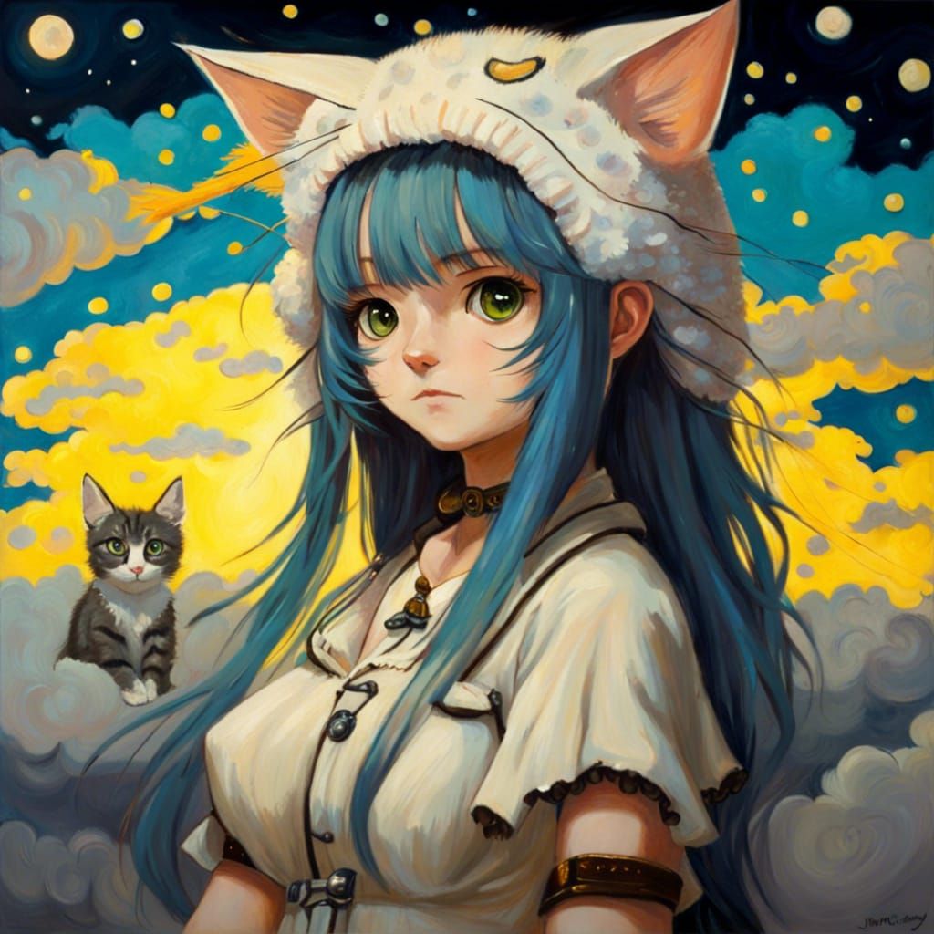 Anime Cat Girl with Wings in Van Gogh Style