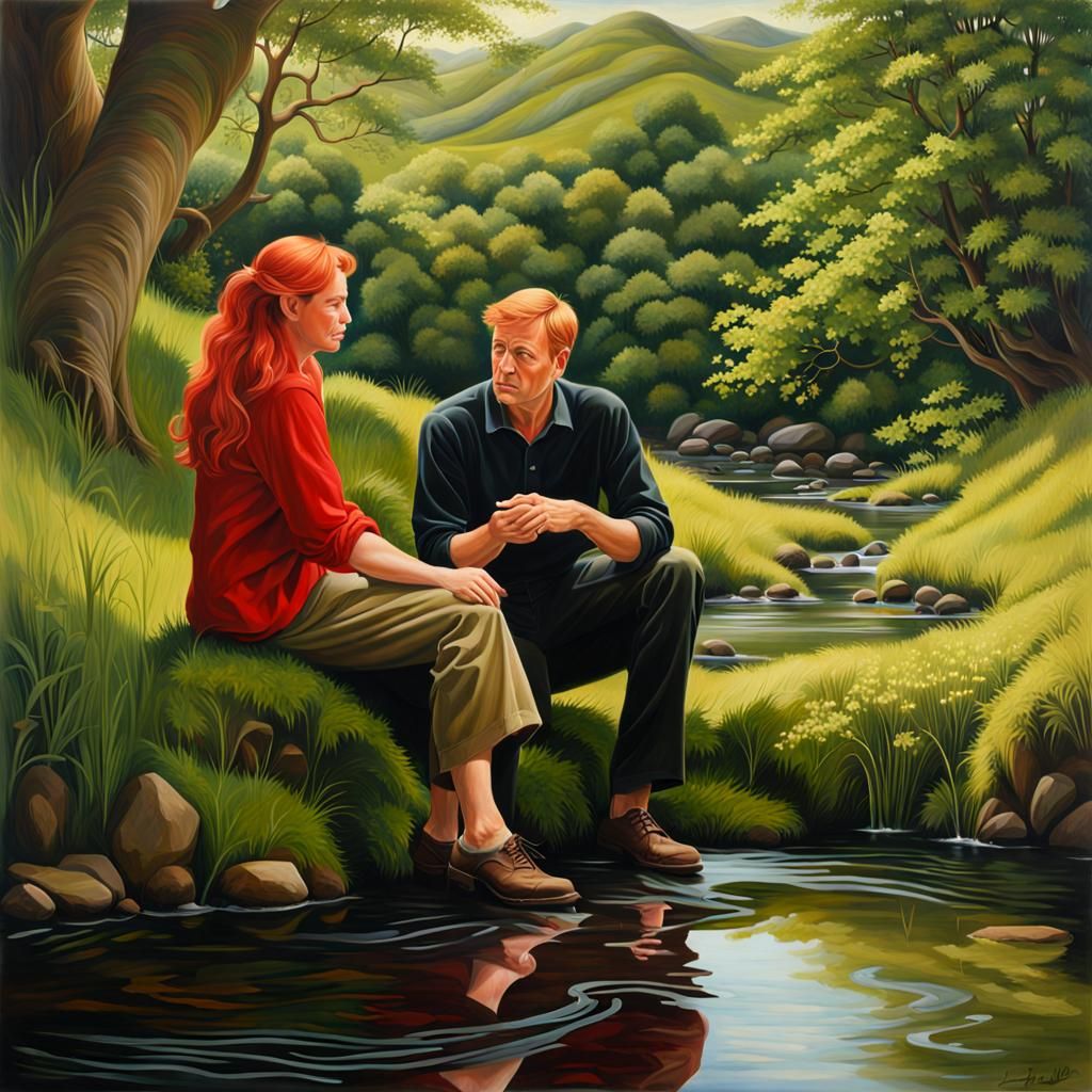 Irish Valley: Photorealistic Painting of a Couple by Stream