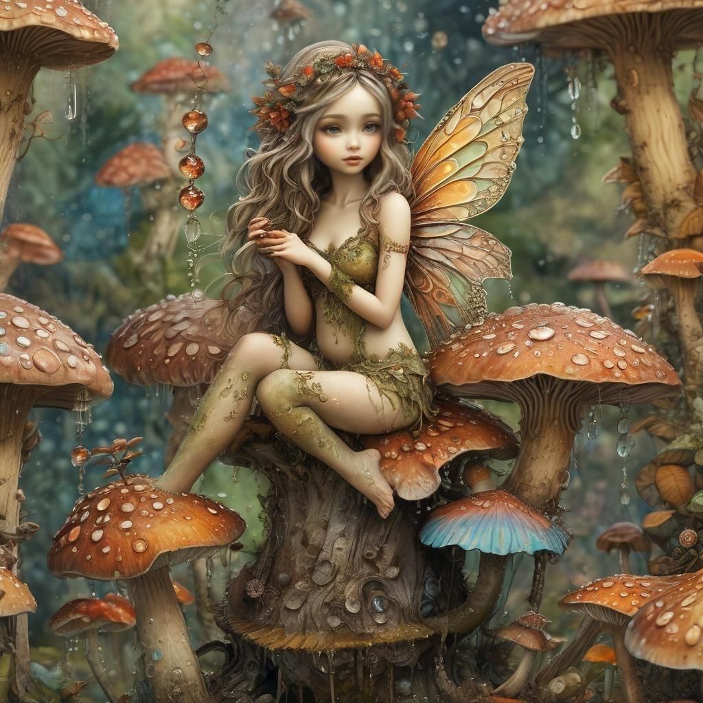 Fairy on Mushroom: Super-Macro Surreal Mixed Media Art
