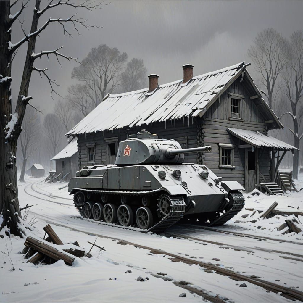 Soviet Tank in Winter: A Grayscale Horror Scene