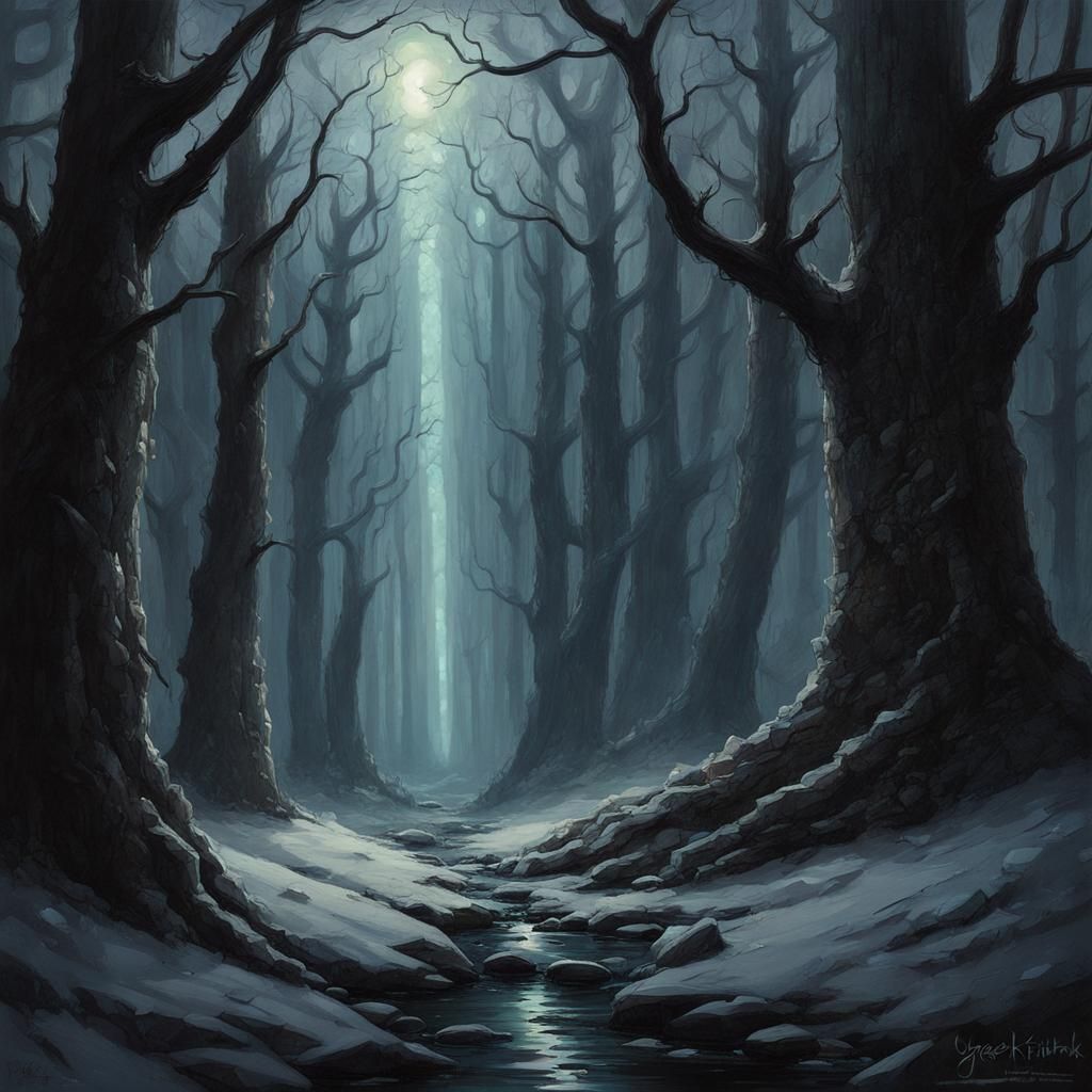 Eerie Woods with Glowing Crystals and Eyes