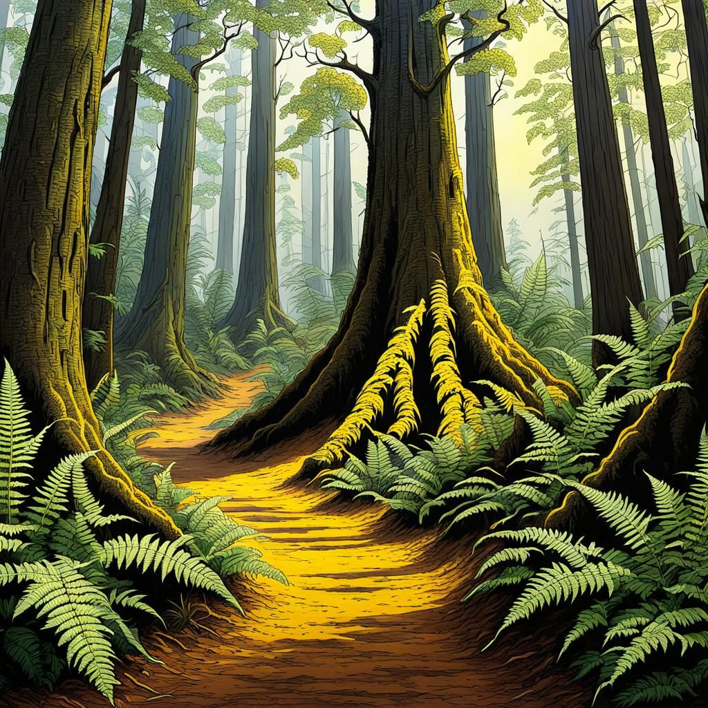 Anime Forest Path with Ferns and Trees
