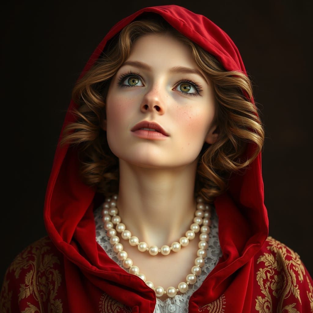 Elegant Woman in Crimson Velvet Cloak, Golden Light