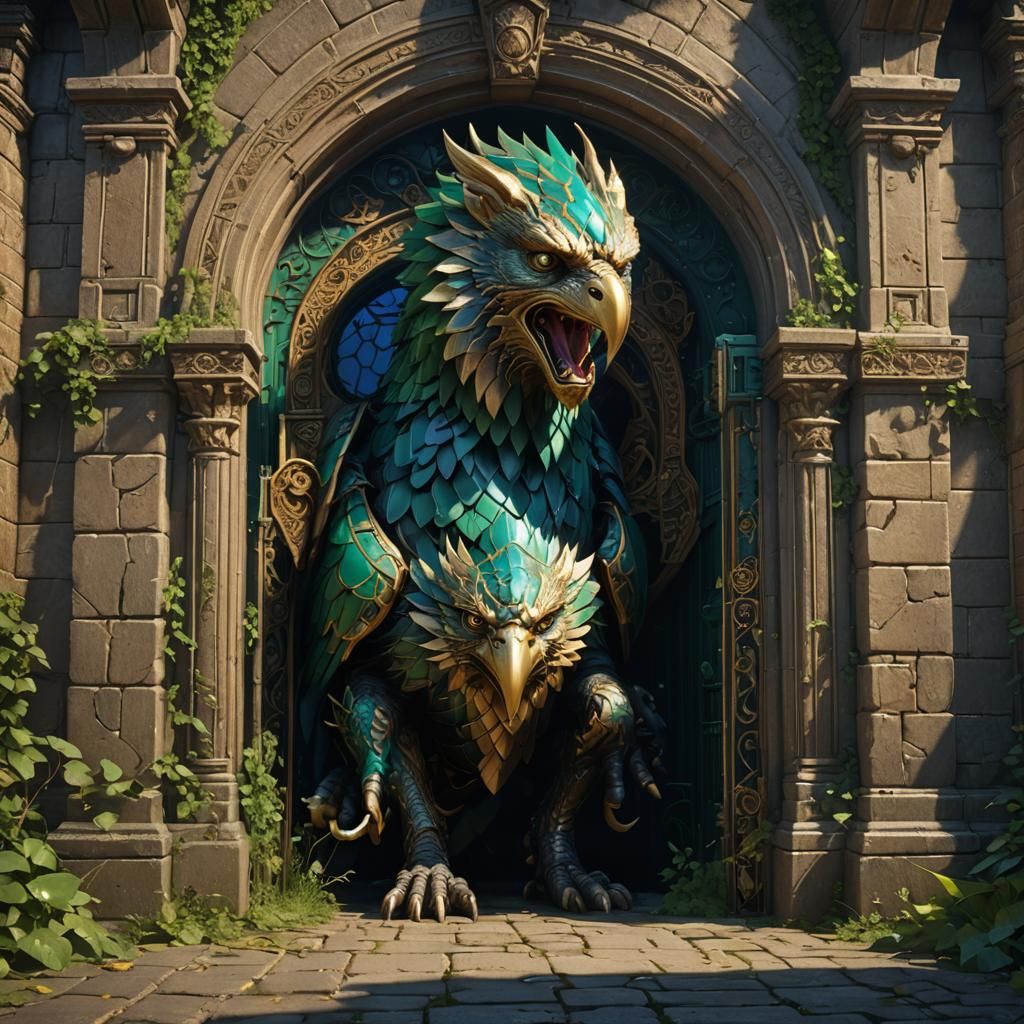 Gryphon Stuck in Gatehouse: Dark Fantasy Concept Art