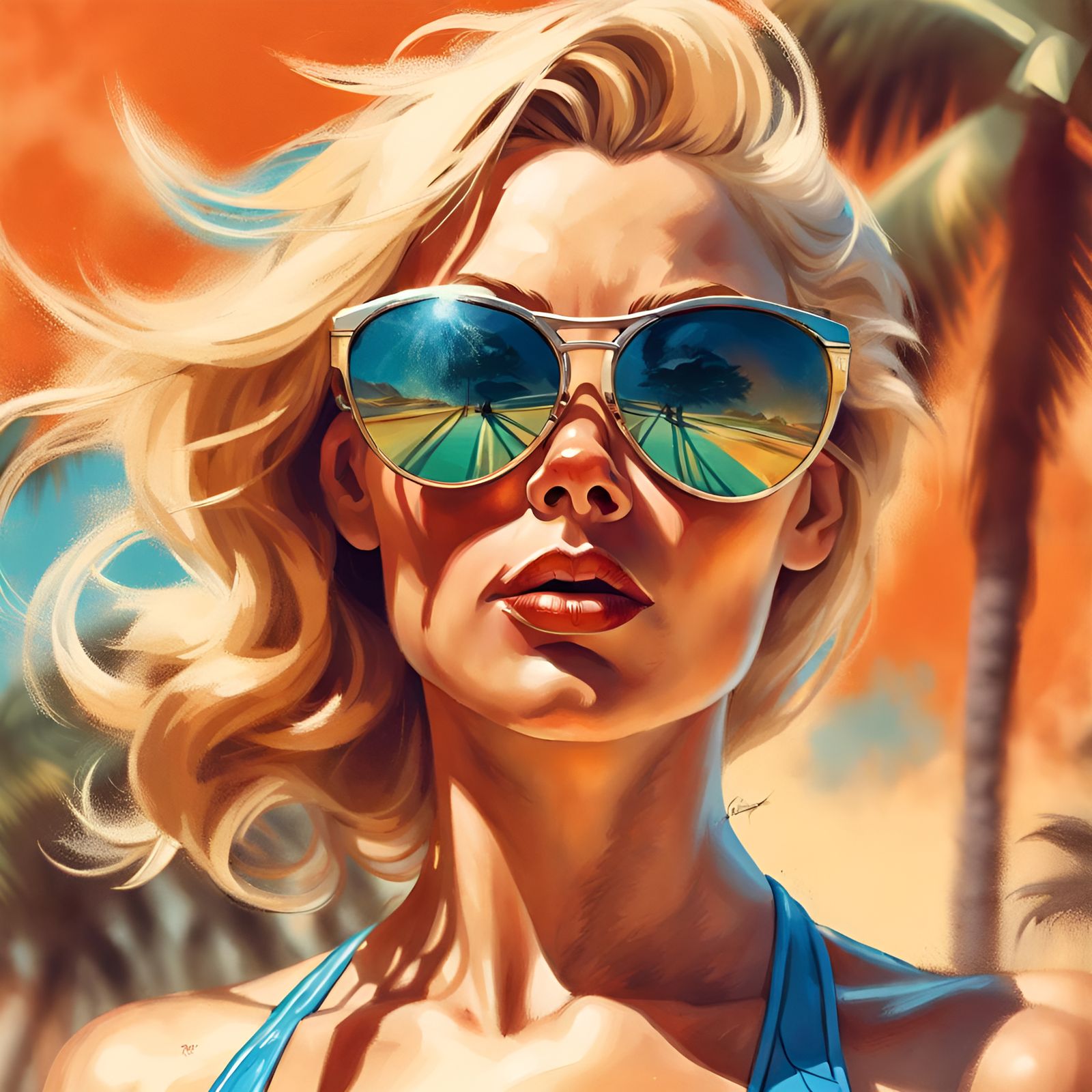 Blonde Woman Biking: Pin-Up Style Digital Art