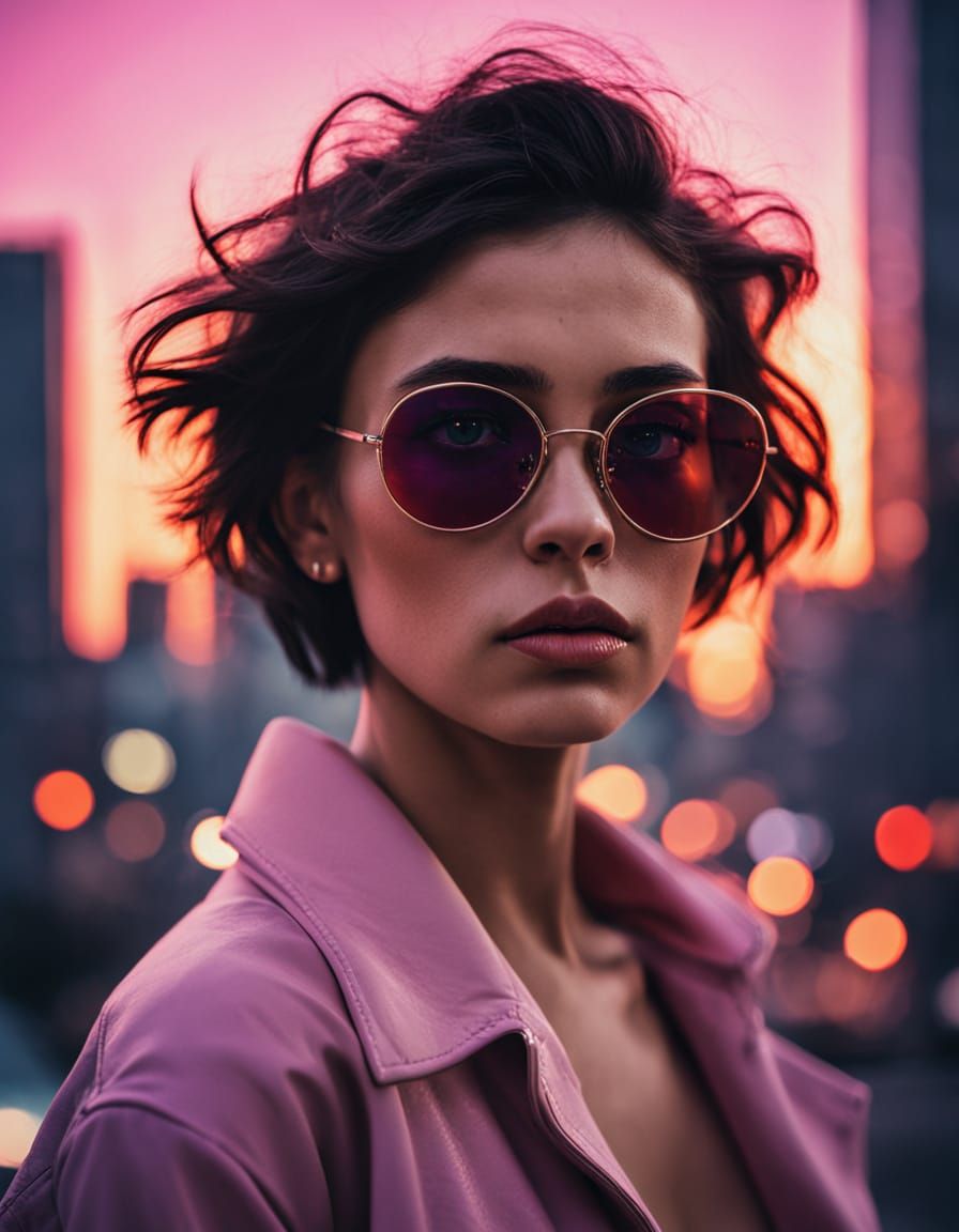 Chic Woman Reflecting Cosmic Cityscape in Neon-Dream Aesthet...