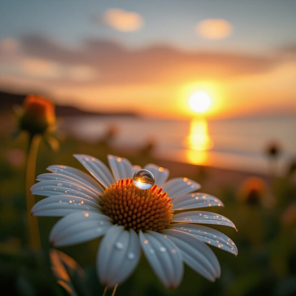 Dewdrop on Petal at Sunrise: Hyperrealistic Nature Detail