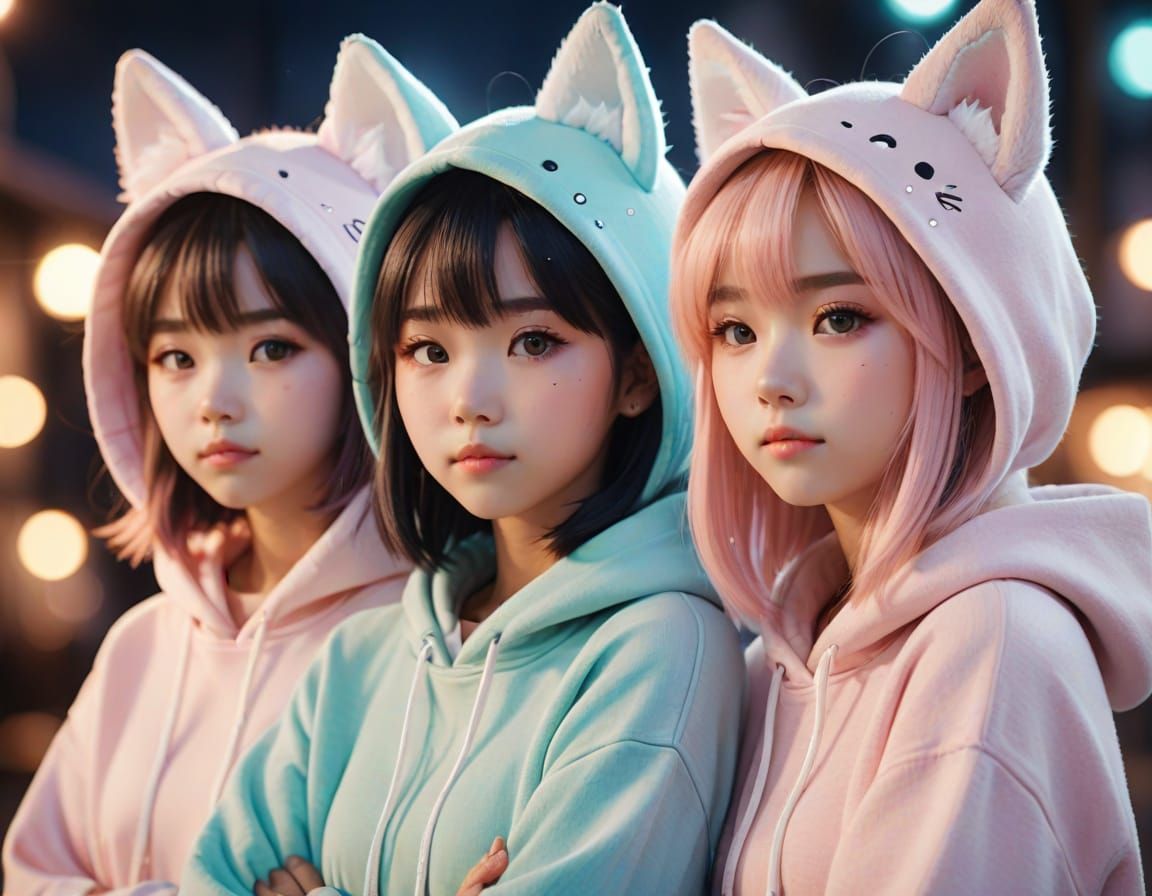 Three Kawaii Anime Girls in Cozy Streaming Setup