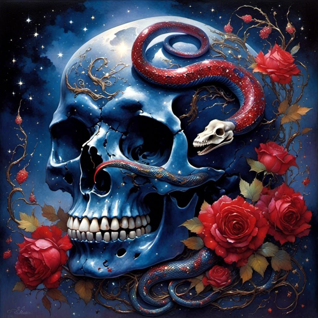 Ornate Crystal Skull with Snake in Watercolor Art