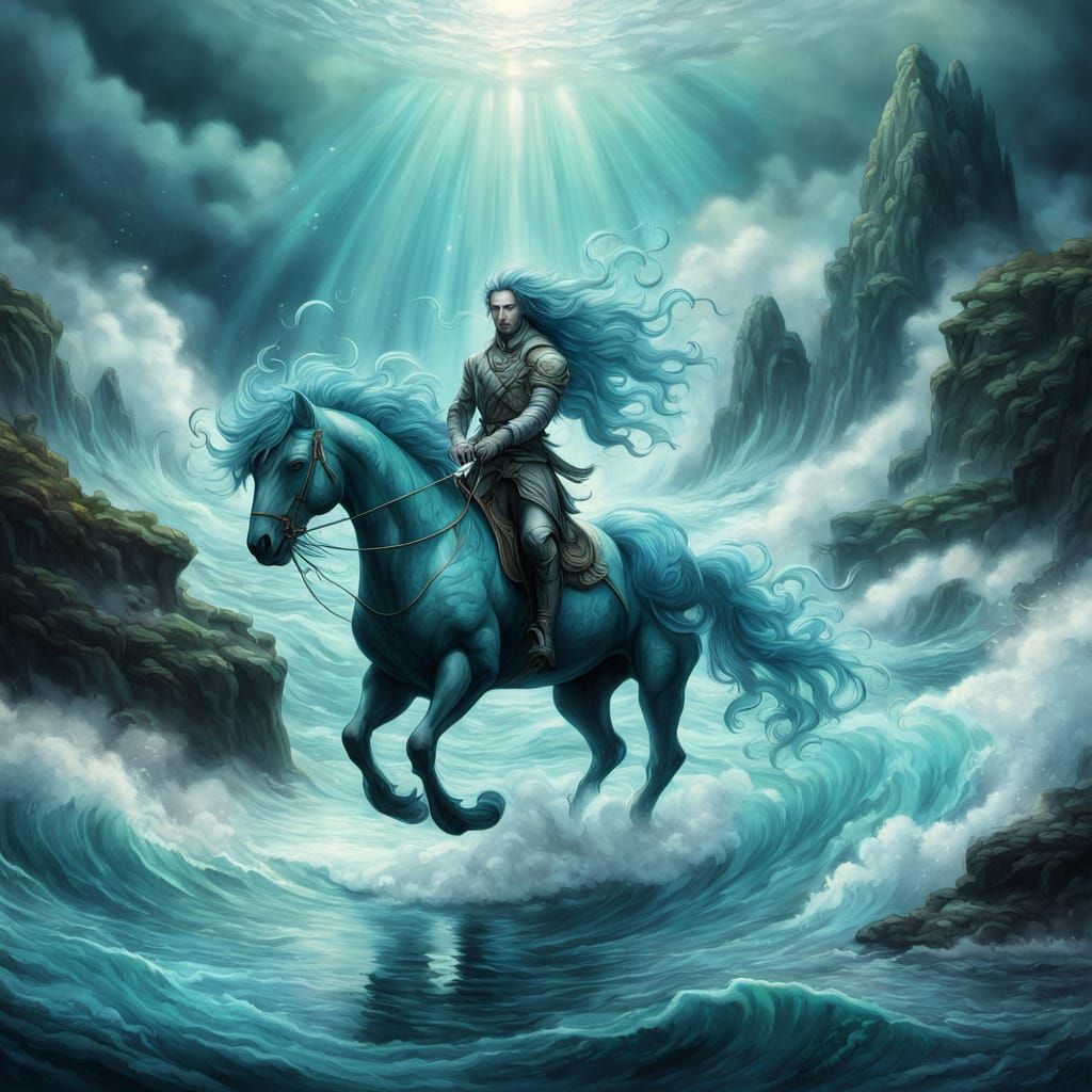 Mythical Oceanic Water Horse Gallops in Dreamy Stormy Seasca...