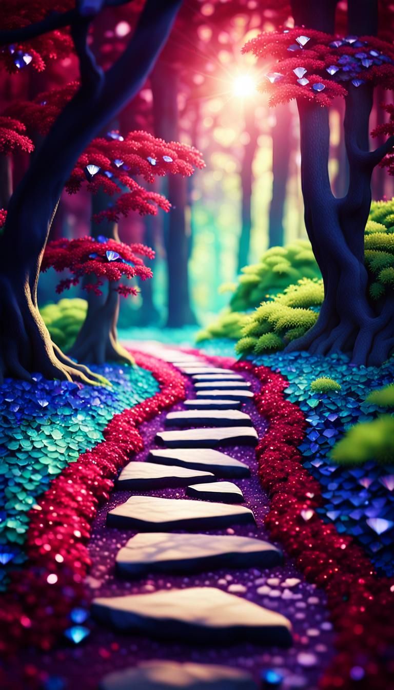 Ethereal Gemstone Fantasy Landscape with Emerald Trees and R...