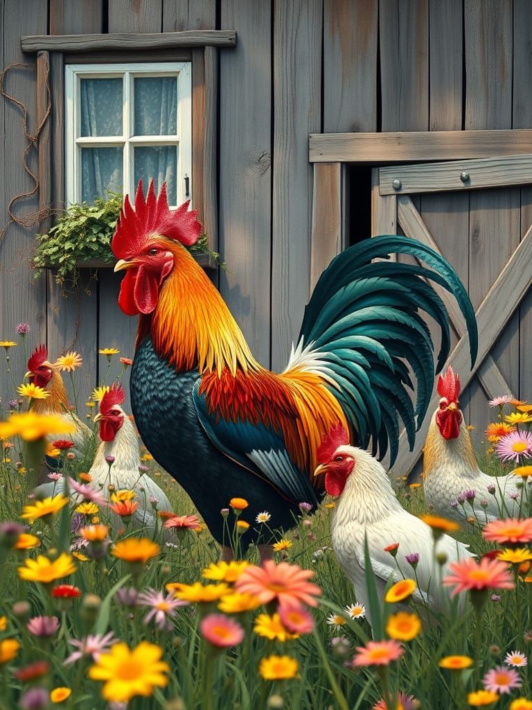 Idyllic Farmhouse Scene with Rooster, Chickens, and Wildflow...