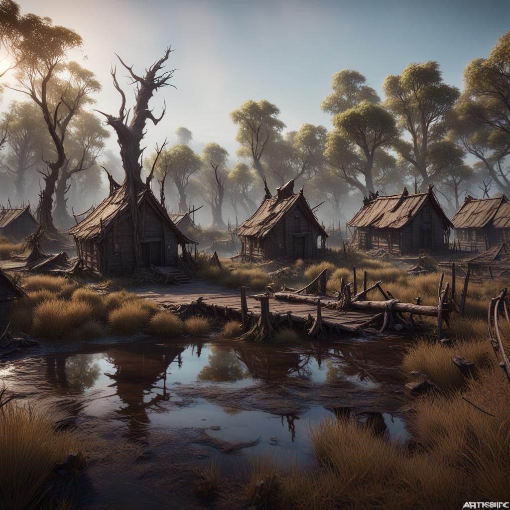 Creepy Bog Hag Village in 3D Cinematic Style